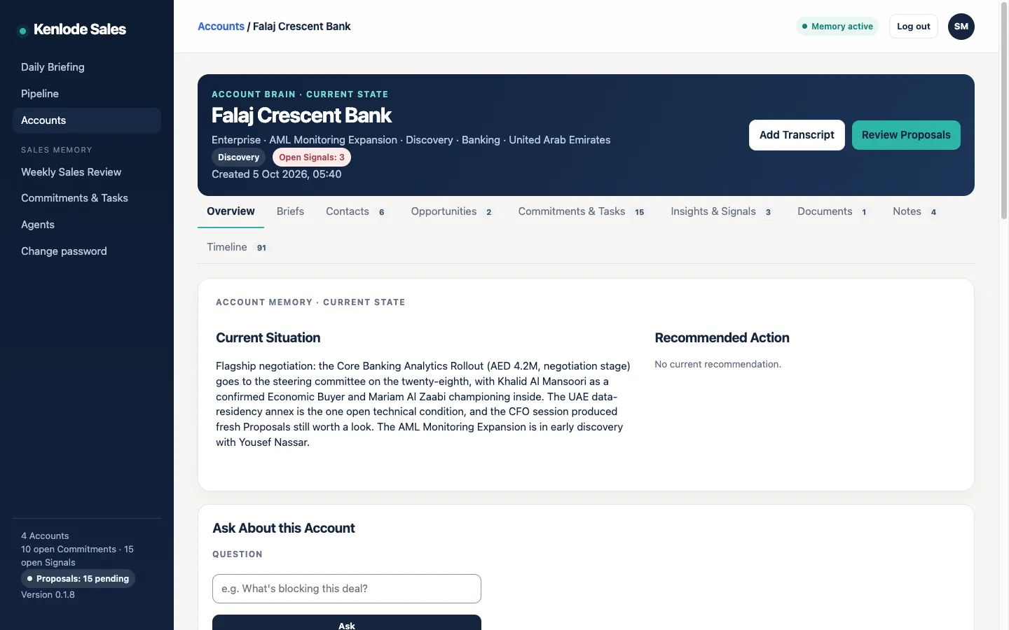 The Account Brain for a fictional bank, with tabs for Briefs, Contacts, Opportunities, Commitments, Insights and Signals, Documents, Notes and Timeline.