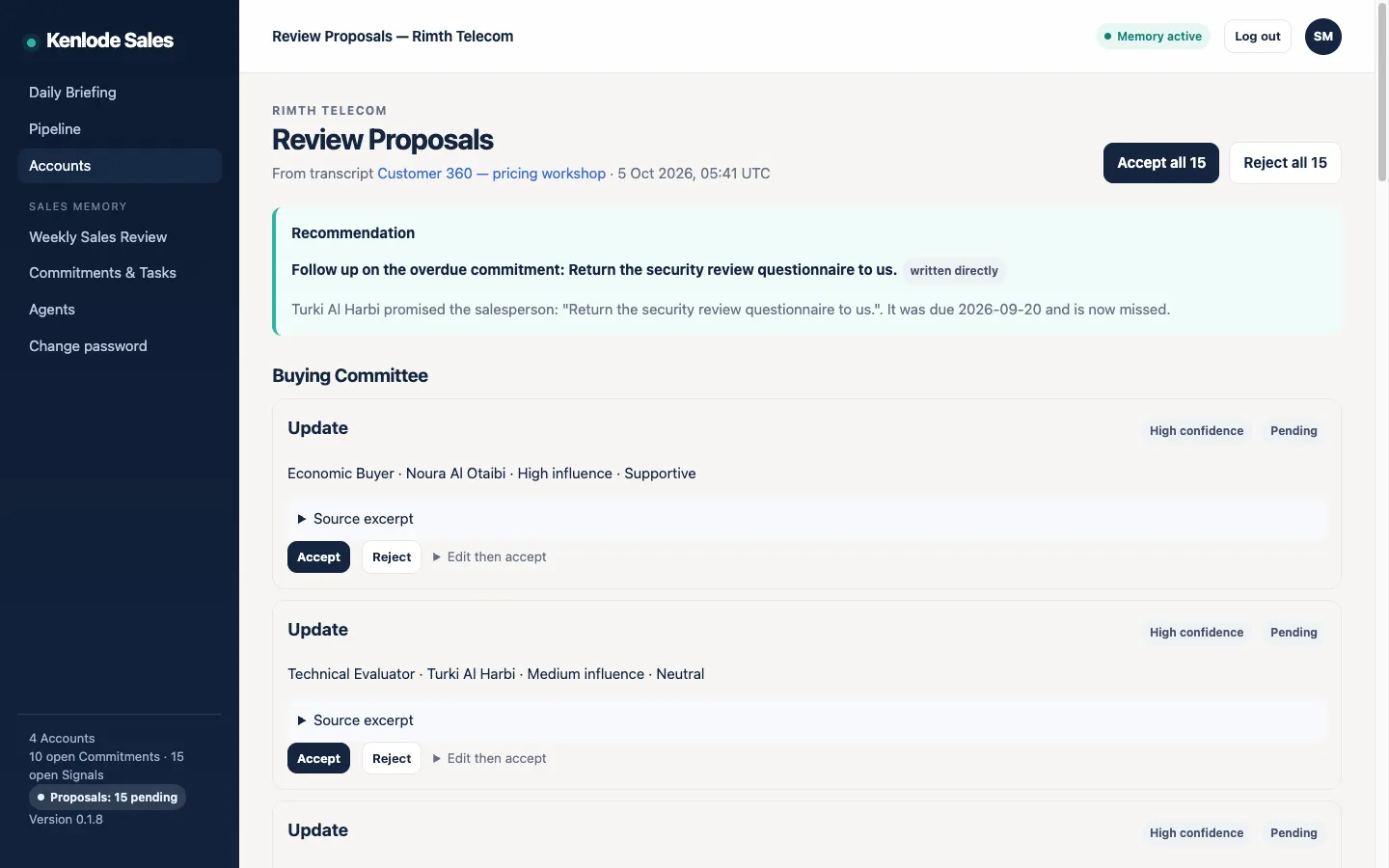 Reviewing Proposals for a fictional telecom account: buying committee updates, each with a confidence level, the source excerpt, and Accept, Reject or Edit buttons.