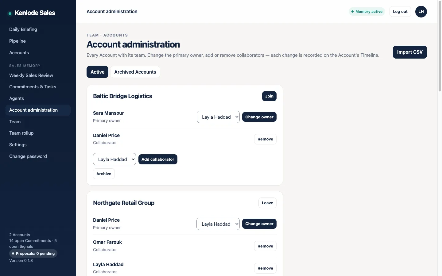 Account administration: each fictional Account with its primary owner and collaborators, and controls to change the owner, add a collaborator, join, leave or archive.